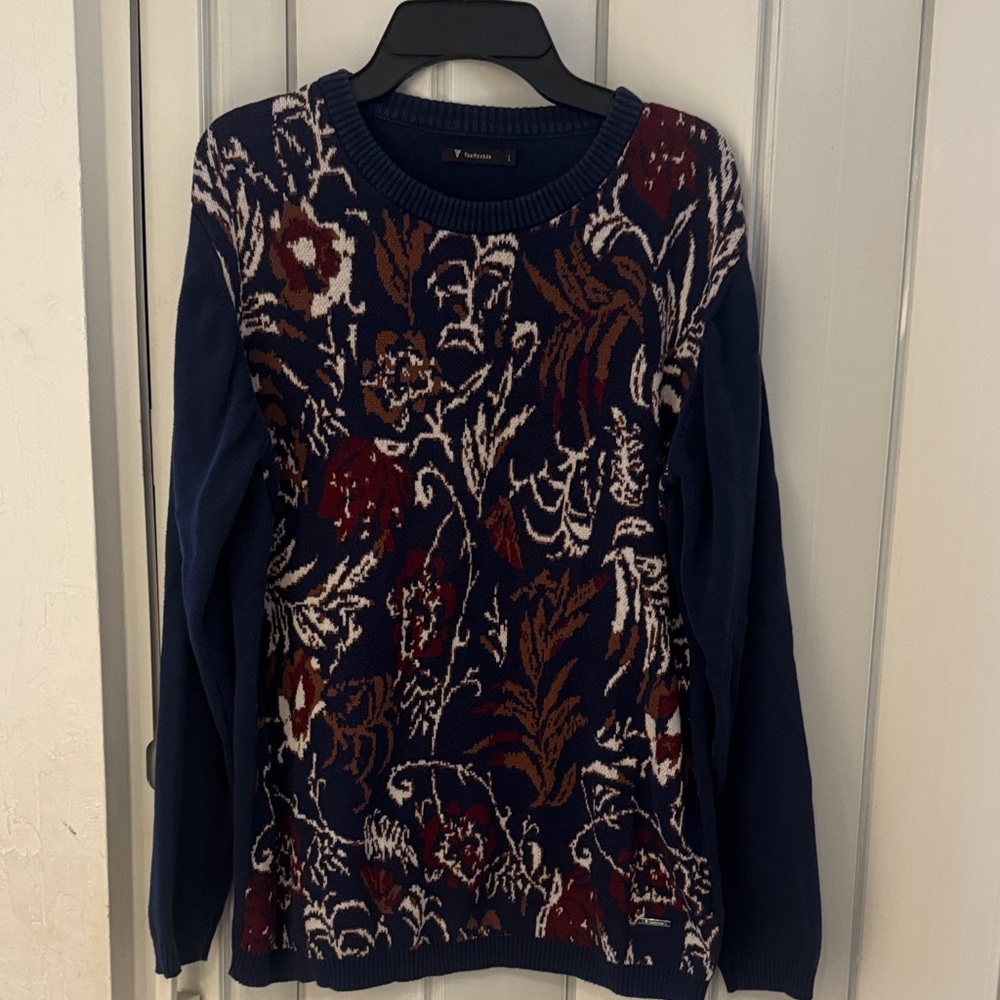 Van Heusen Floral Knit Crewneck Sweater - Navy, Brown & Burgundy